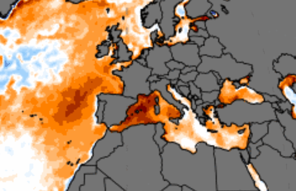 São normais tantas tempestades na Europa no Verão? Podem ocorrer em Portugal? Mediterrâneo com temperaturass muito acima da média - dados ClimateReanalyzer