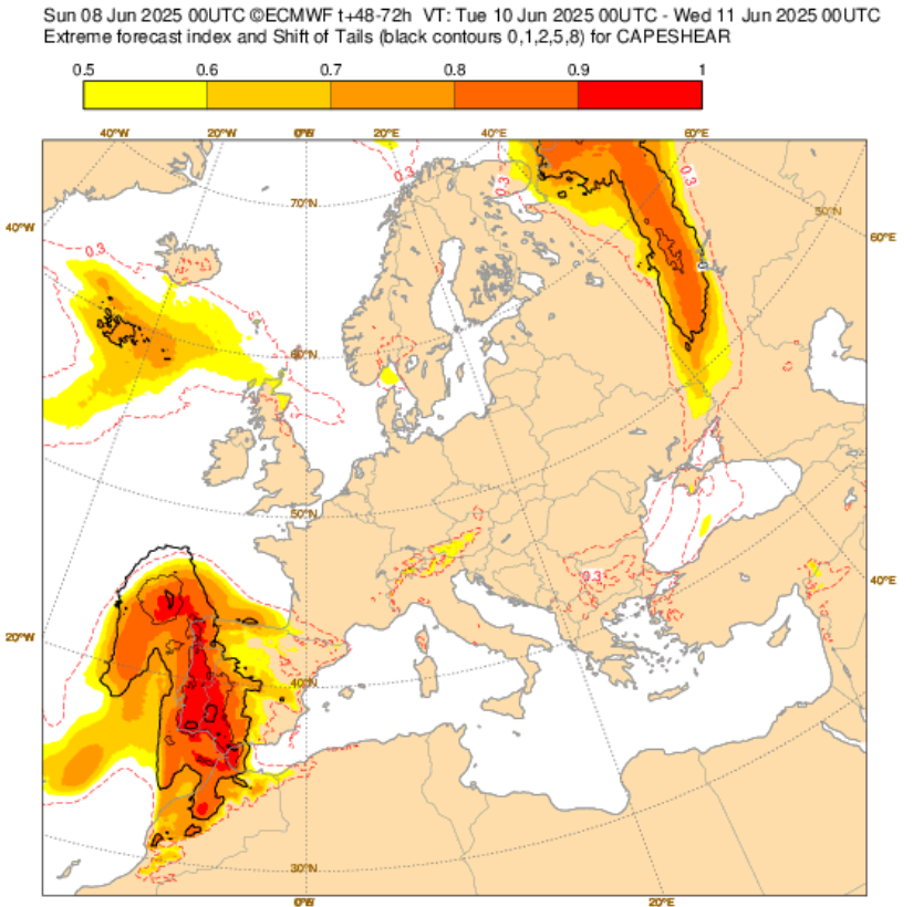 Tempo na terça, 10 de junho - Feriado marcado por chuva, vento, muita trovoada e granizo (no Norte e Centro...) - Mau tempo em Portugal! Índice de CAPE + Shear bastante significativo (E raro) em Portugal - potencial para mau tempo!