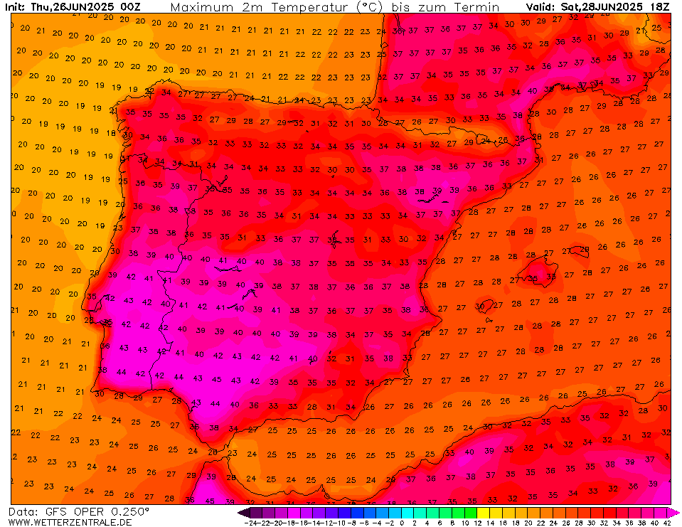 Onda de calor extremo - Fim-de-semana com mais de 41ºC em Lisboa, e 44-46ºC nas regiões mais quentes... também com poeiras - 28-29 de junho Temperaturas máximas no sábado, 28 de junho, previsão GFS