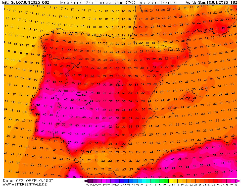 Temperaturas de 40ºC na segunda-feira, e não é nos locais habituais... antes de uma mudança drástica! - Muito abafado, pode haver trovoadas - saiba a previsão do tempo na segunda, 9 de junho de 2025 Calor tórrido por volta do meio de junho? Previsões GFS