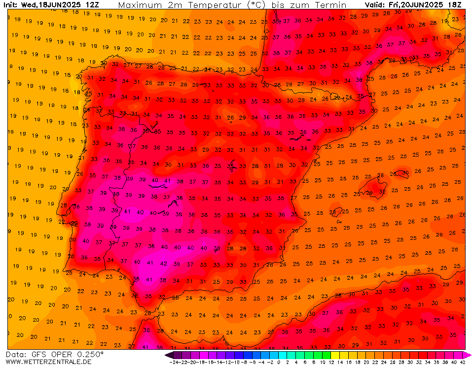 Onda de calor continua, e intensifica no Interior - até 43ºC possíveis localmente - e no litoral? - saiba a previsão do tempo na sexta, 20 de junho 2025 Temperaturas máximas previstas para sexta, pelo modelo GFS - estes valores não incluem fenómenos regionais que intensificam o calor (Vales etc...)