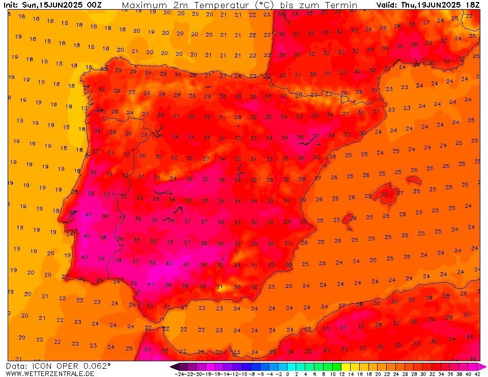 Noites com mais de 25ºC, e dias muito quentes - Mudança temporária na quarta? - Onda de calor - Previsão do tempo esta semana, 16 a 22 de junho de 2025 Temperaturas máximas previstas para quinta, 19 de junho - ICON