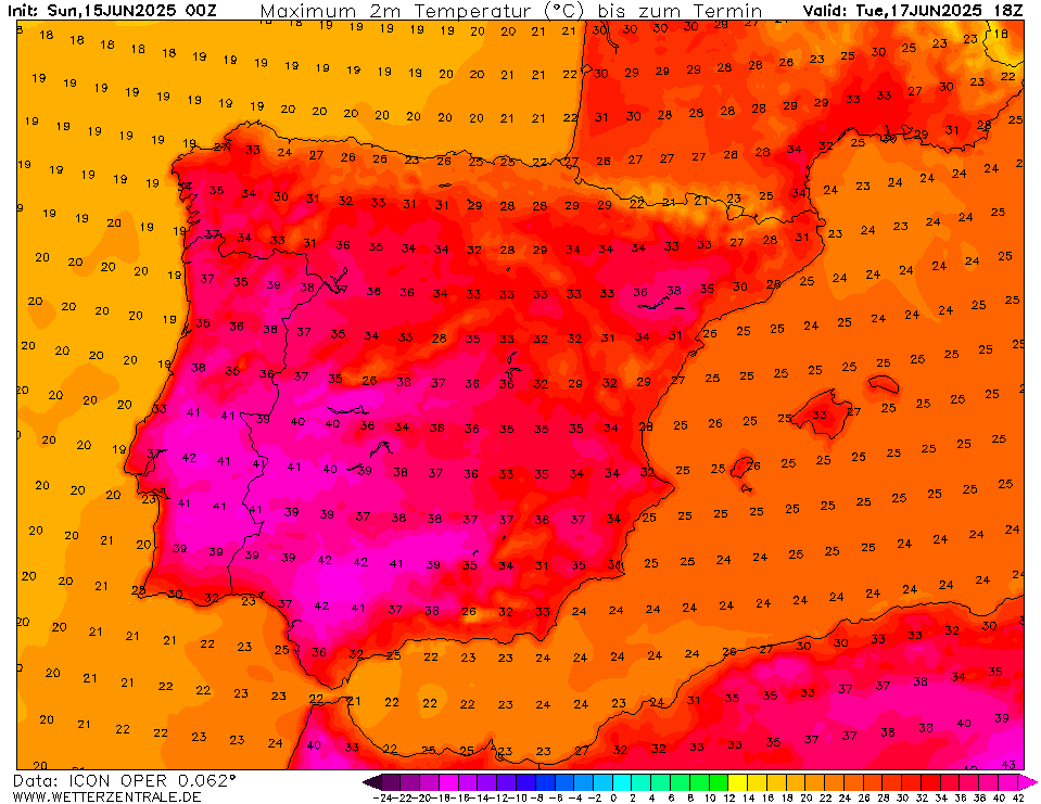Noites com mais de 25ºC, e dias muito quentes - Mudança temporária na quarta? - Onda de calor - Previsão do tempo esta semana, 16 a 22 de junho de 2025 Máximas previstas para esta terça 17 de junho - previsão ICON