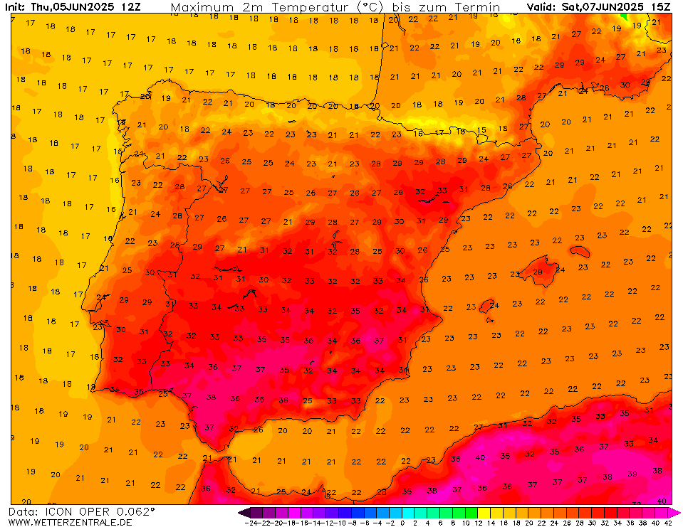 Calor regressa em força! Temperaturas disparam no fim-de-semana, em especial domingo... - E as poeiras regressam... Previsão dias 7 e 8 de junho Temperaturas máximas previstas para sábado - grande diferença entre o litoral Norte e Centro, e o Sul do país, onde estará bem mais calor!