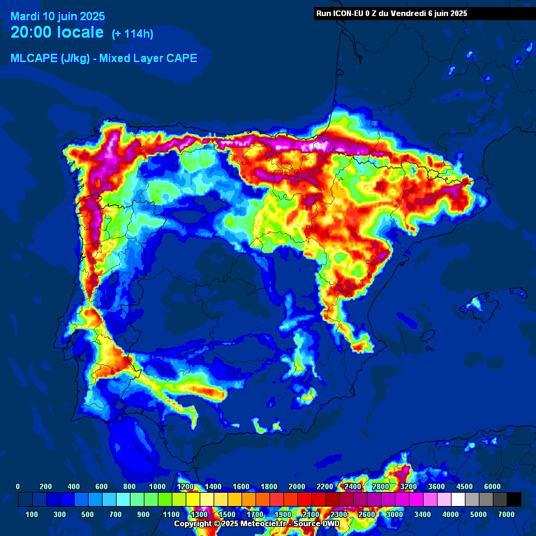 Tempo severo, com fortes trovoadas, risco de granizo grande e até tornados - potencial tempestade no Dia de Portugal, 10 de junho de 2025 Tempo severo? Energia convectiva disponível na terça-feira, 10 de junho - impressionante!