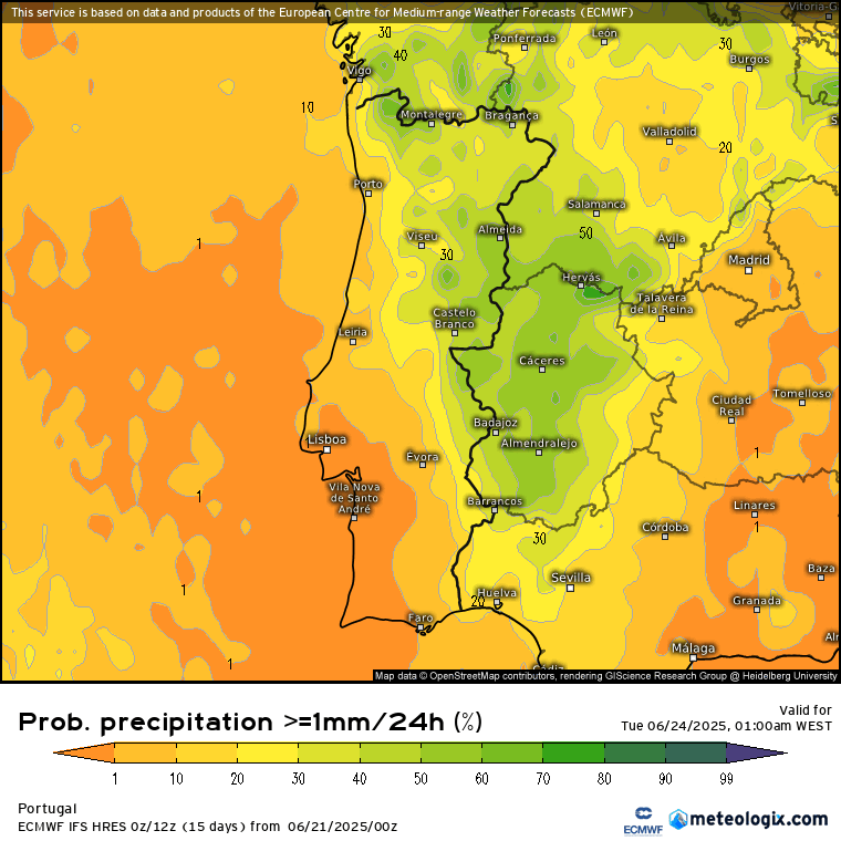 Poderá uma depressão - DINA a caminho de Portugal dar origem a uma tempestade? Saiba a previsão para dias 23 a 25 de junho 2025! Probabilidade de precipitação entre 23 a 25 de junho - EPS