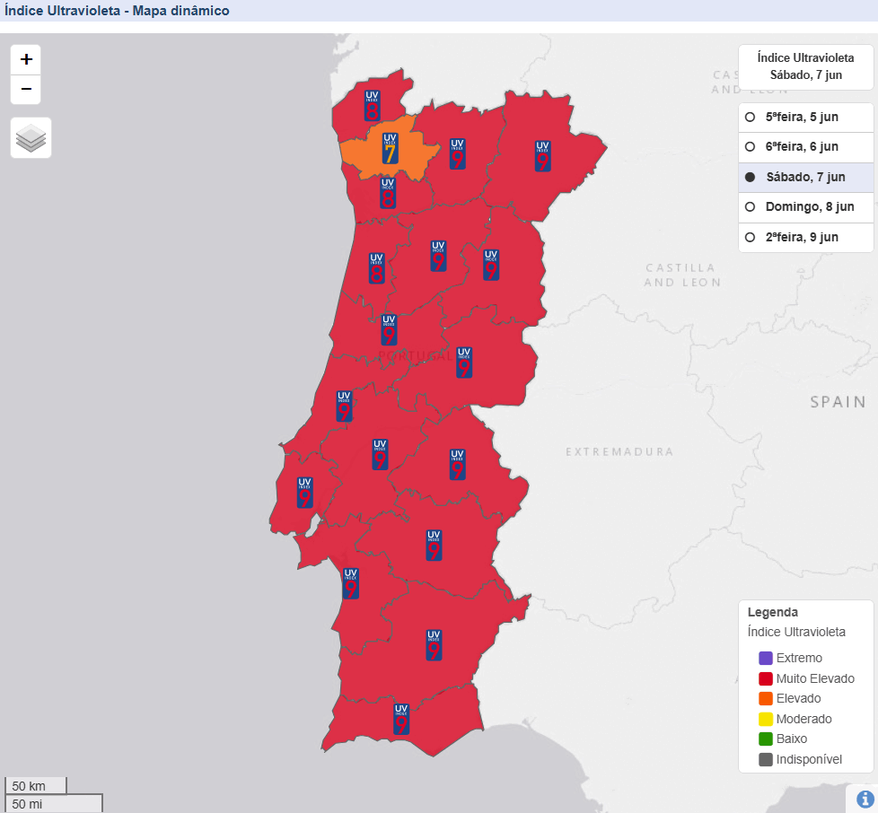Calor regressa em força! Temperaturas disparam no fim-de-semana, em especial domingo... - E as poeiras regressam... Previsão dias 7 e 8 de junho Índice de radiação UV no sábado, 7-8 de junho de 2025