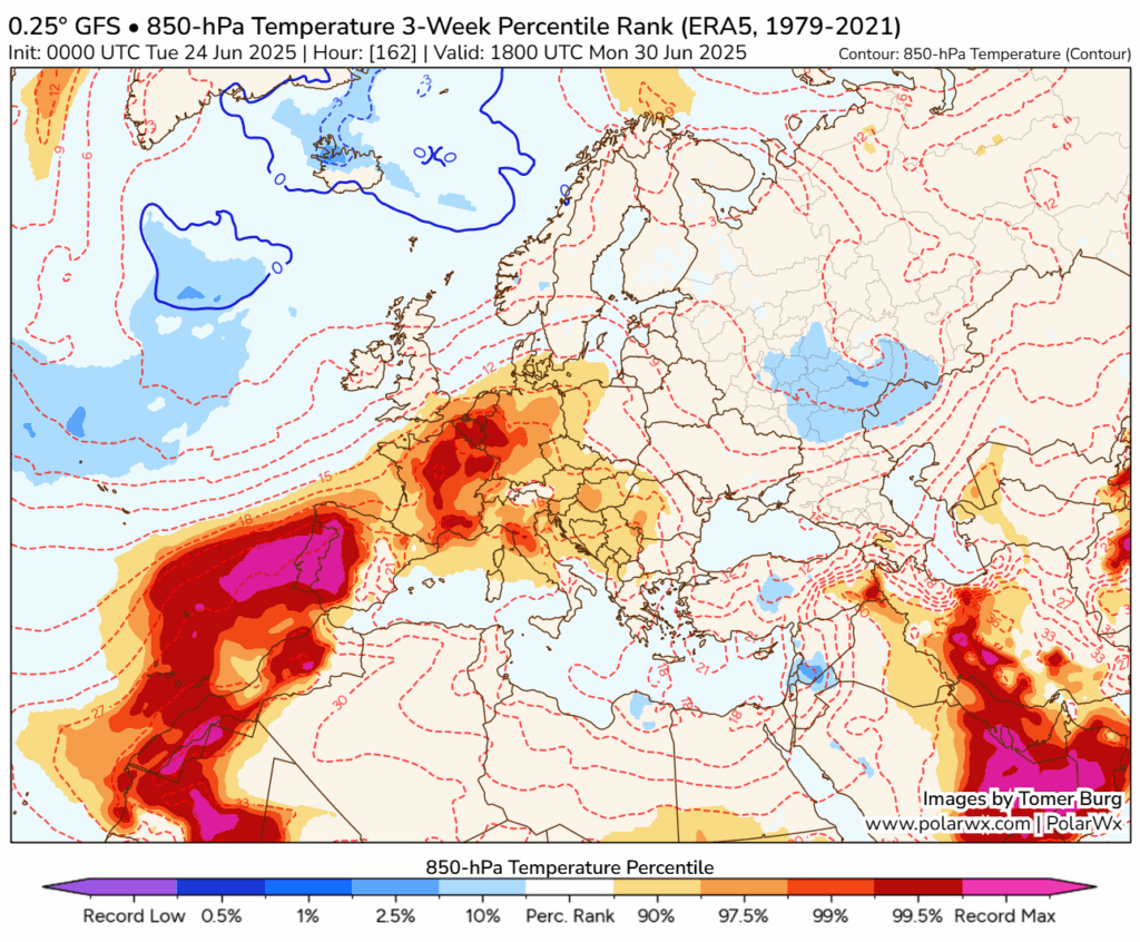 Vem aí calor extremo, com temperaturas que podem chegar aos 45ºC - Calor extremo na reta final de Junho, possível aviso vermelho - saiba as previsões a partir de dia 27... Calor extremo - Temperaturas recorde - a 850hPA (1500m) - será que teremos uma onda de calor recorde?