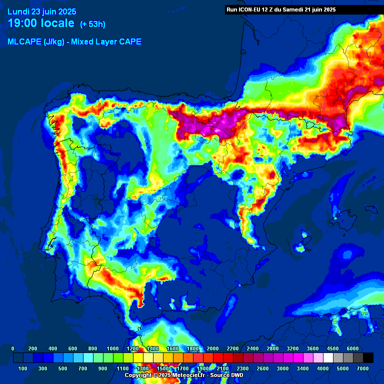 Poderá uma depressão - DINA a caminho de Portugal dar origem a uma tempestade? Saiba a previsão para dias 23 a 25 de junho 2025! Tempestade ?CAPE (energia convectiva) prevista no dia 23, ICON, via Meteociel