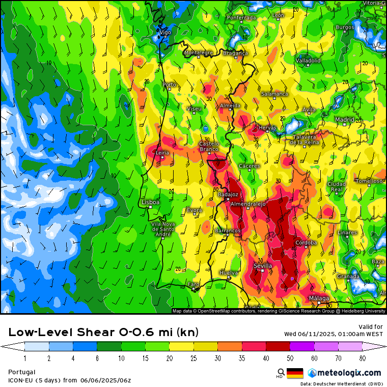 Tempo severo, com fortes trovoadas, risco de granizo grande e até tornados - potencial tempestade no Dia de Portugal, 10 de junho de 2025 Wind-shear (cisalhamento de vento) bastante significativo em algumas regiões - risco de vento severo durante as trovoadas mais intensas