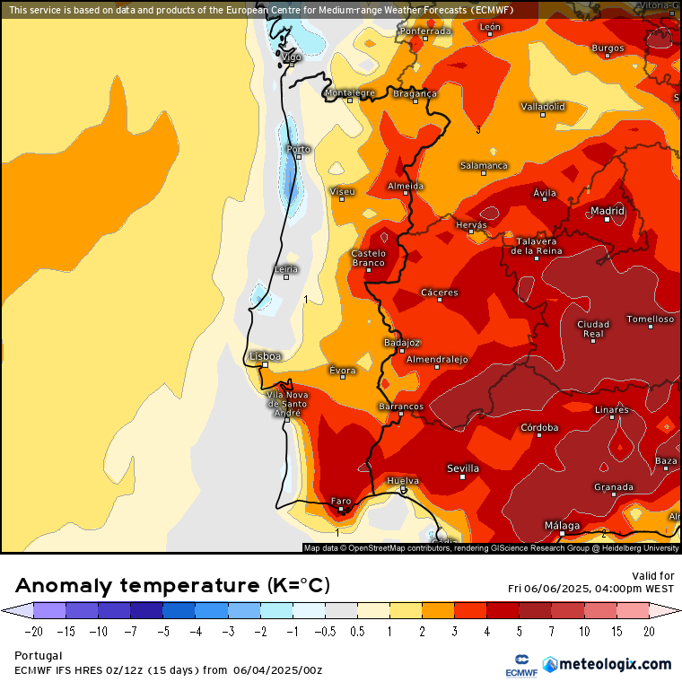Tempo na sexta, 6 de junho de 2025 - Mais quente, mas ainda com vento e nuvens - saiba a previsão detalhada! Anomalia de temperaturas prevista para sexta, 6 de junho - ECMWF