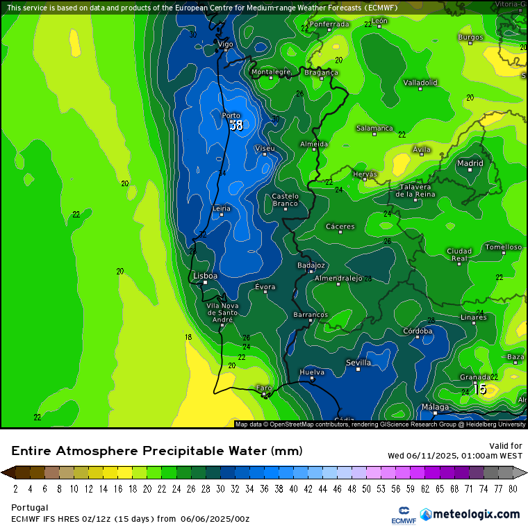 Tempo severo, com fortes trovoadas, risco de granizo grande e até tornados - potencial tempestade no Dia de Portugal, 10 de junho de 2025 Água precipitável com valores elevadíssimos - felizmente com o vento em altitude a impedir maior risco de inundações!