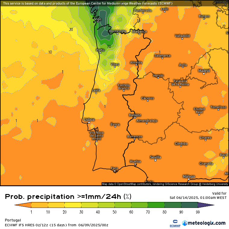 Como estará o tempo no Santo António? Poderá chover? Saiba as nossas previsões para 12 e 13 de junho 2025! Probabilidade de chuva superior a 1mm no dia 13 de junho