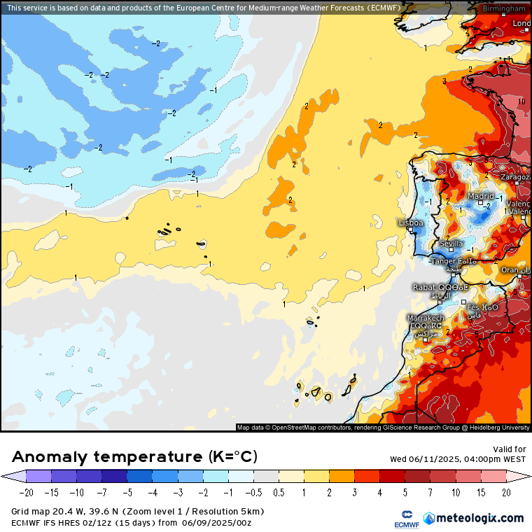 Anomalia de temperaturas nesta quarta, 11 de junho - ECMWF