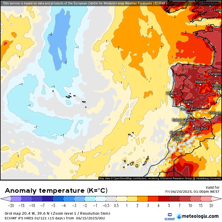 Noites com mais de 25ºC, e dias muito quentes - Mudança temporária na quarta? - Onda de calor - Previsão do tempo esta semana, 16 a 22 de junho de 2025 Temperaturas acima da média na Madeira, abaixo da média nos Açores - ECMWF, sexta 20 de junho