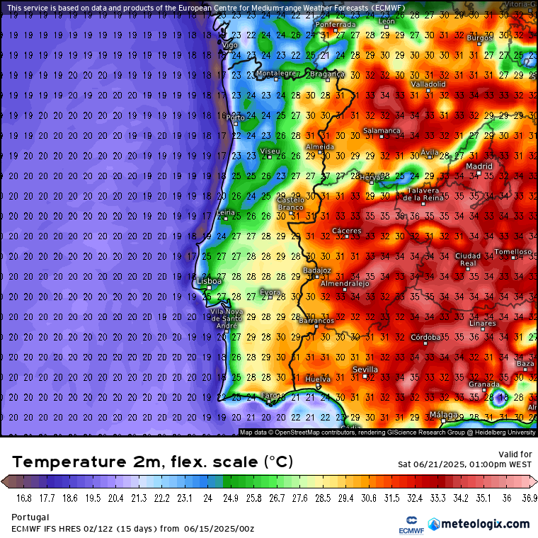 Noites com mais de 25ºC, e dias muito quentes - Mudança temporária na quarta? - Onda de calor - Previsão do tempo esta semana, 16 a 22 de junho de 2025 Temperaturas às 13h, 21 de junho - IFS