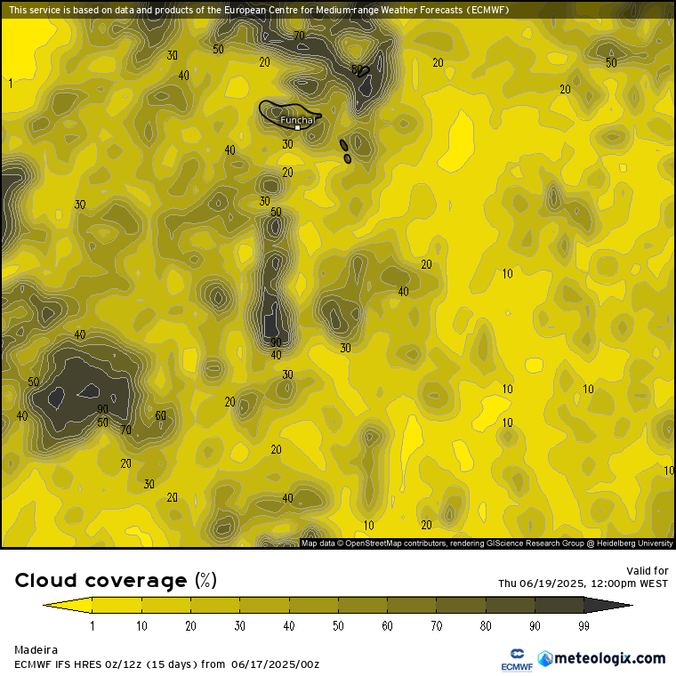 Calor extremo continua, as temperaturas voltam a subir bastante! Tempo na quinta, 19 de junho de 2025 Nebulosidade prevista pelas 12h de quinta na Madeira - ICON