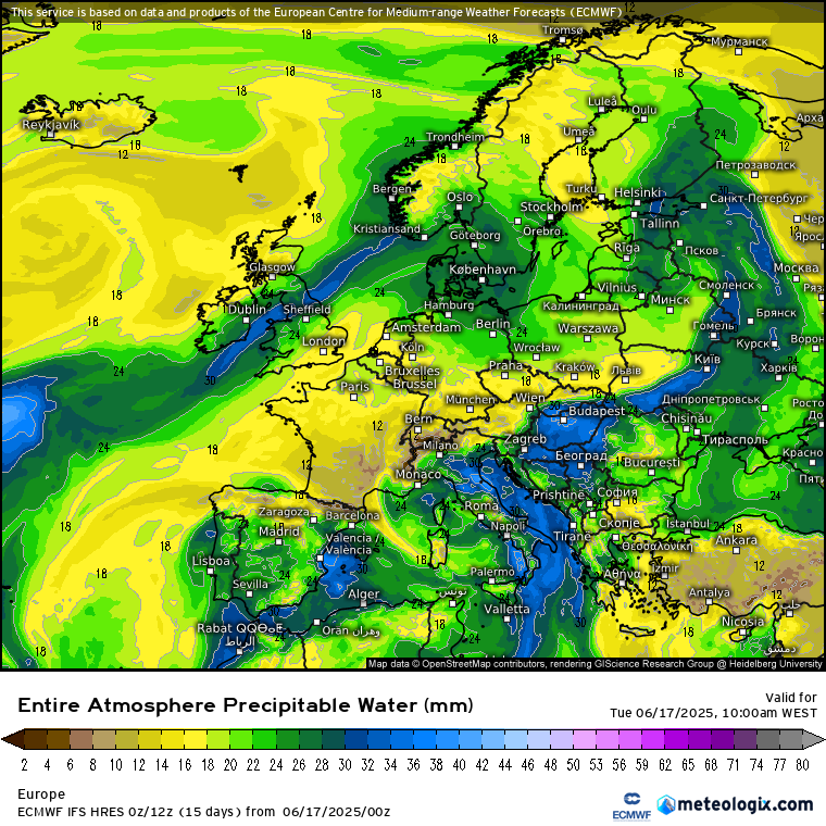 Verão com muitas tempestades e ondas de calor na Europa - O Mediterrâneo está um autêntico forno! Água precipitável a 17 de junho 2025 - valores bem elevados ao longo das costas do Mediterrâneo, principalmente