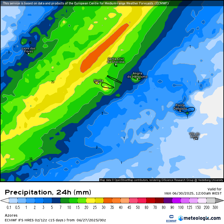 Trovoadas intensas, apesar da previsão de temperaturas até 45ºC? Saiba os detalhes do tempo no domingo, 29 de junho Precipitação acumulada durante o dia de domingo, previsão ECMWF - Açores