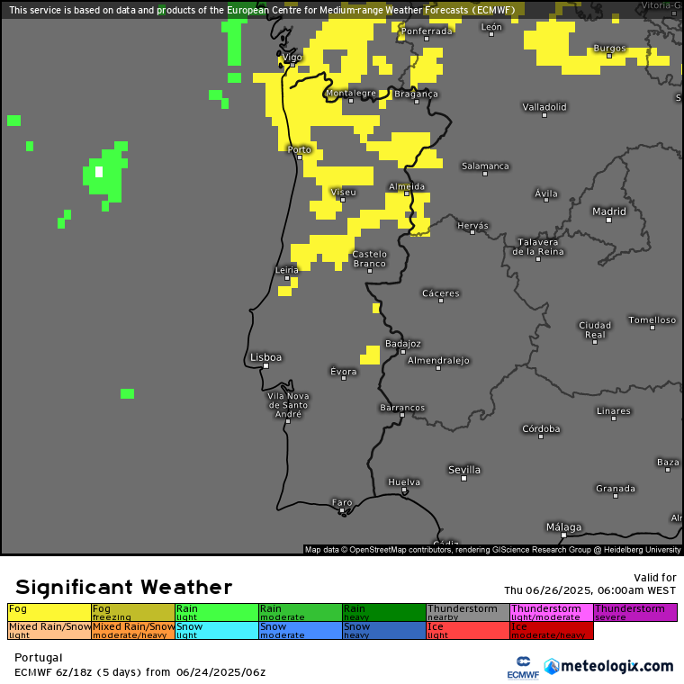 Chega o anticiclone! Saiba a previsão do tempo na quinta, 26 de junho de 2025, em Portugal Nevoeiros previstos pelo modelo ECMWF-IFS - fonte: Meteologix