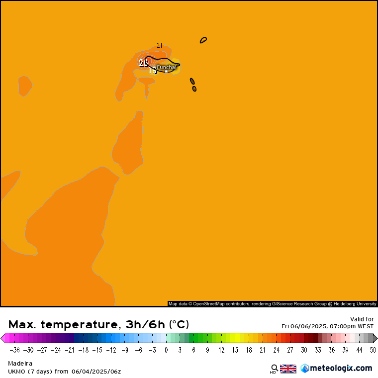 Tempo na sexta, 6 de junho de 2025 - Mais quente, mas ainda com vento e nuvens - saiba a previsão detalhada! Temperaturas máximas previstas para sexta, 6 de maio, Madeira - previsão UKMO