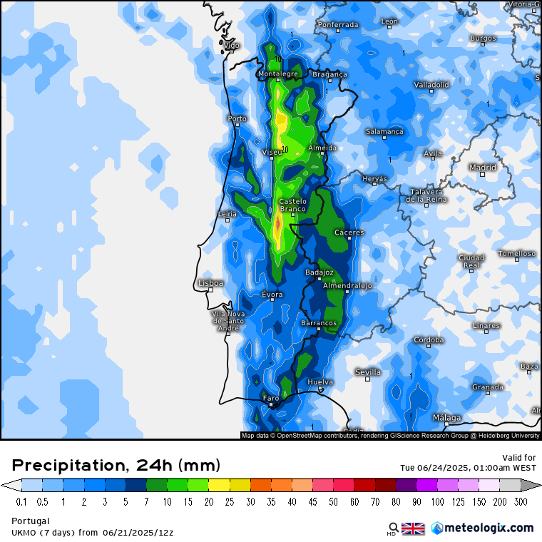 Chuva e fortes trovoadas em várias regiões - saiba se a sua será uma delas, com a nossa previsão do tempo na segunda, 23 de junho 2025 Precipitação acumulada nesta segunda segundo o modelo UKMO-HD