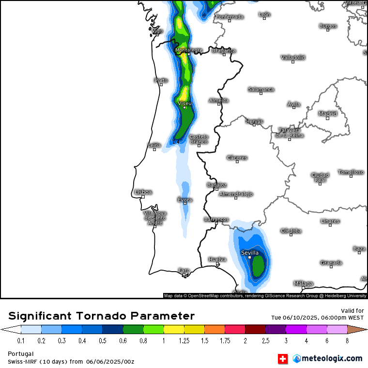 Tempo severo, com fortes trovoadas, risco de granizo grande e até tornados - potencial tempestade no Dia de Portugal, 10 de junho de 2025 Risco de tornados (não descartando algo mais intenso) em Portugal, no dia 10 de junho