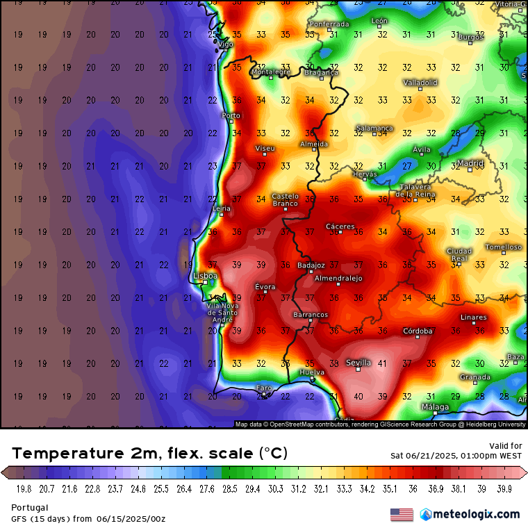 Noites com mais de 25ºC, e dias muito quentes - Mudança temporária na quarta? - Onda de calor - Previsão do tempo esta semana, 16 a 22 de junho de 2025 Temperaturas às 13h, 21 de junho - GFS
