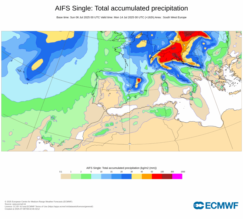 Finalmente tempo bem mais fresco - mudança significativa do tempo esta semana, depois de mais um pico de calor - 7 a 13 de julho Precipitação acumulada total prevista ao longo desta semana