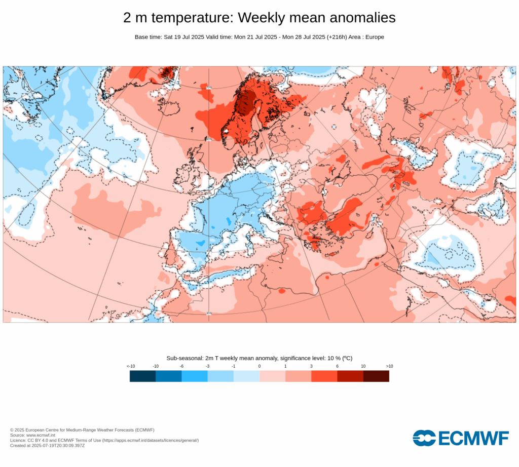 Vem aí uma forte onda de calor, dias muito quentes no litoral, vento e risco de incêndio - possível aviso vermelho novamente... - Tempo esta semana 21 a 27 de julho 2025 A média de anomalia de temperatura 21 a 28 de julho mostra algo "misto" pois efetivamente teremos duas metades distintas esta semana!