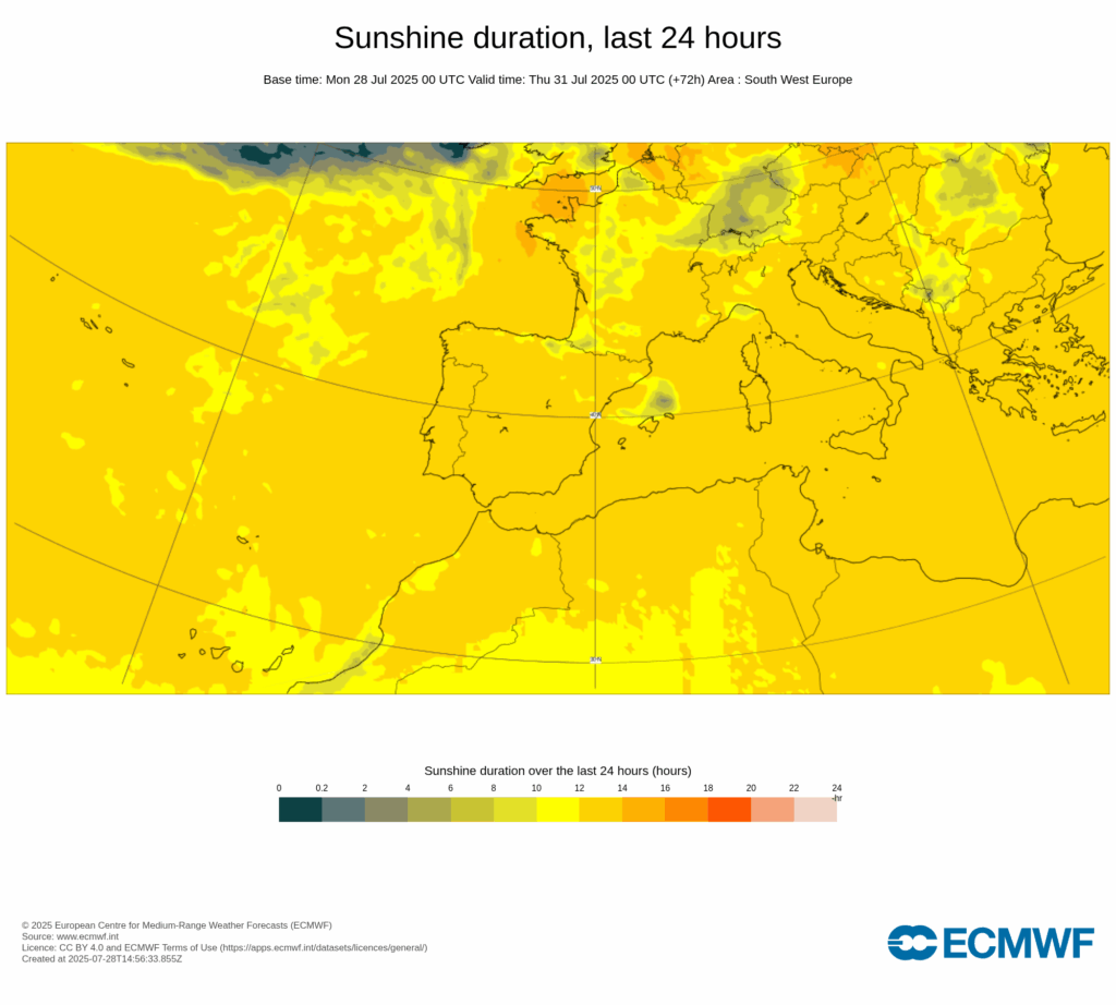 Tempo quente continua - mais um dia de temperaturas excessivamente elevadas, e risco máximo de incêndio - tempo na quarta, 30 de julho de 2025 Horas de sol previstas para esta quarta-feira - muito sol em todo o território!
