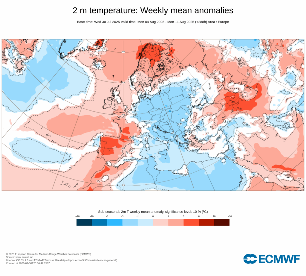 Tempo em Agosto de 2025 - Más notícias para quem sofre com o calor, e para os bombeiros - atmosfera complexa... saiba a previsão completa! Temperaturas bem acima da média no período de 4 a 11 de agosto, segundo o ECMWF