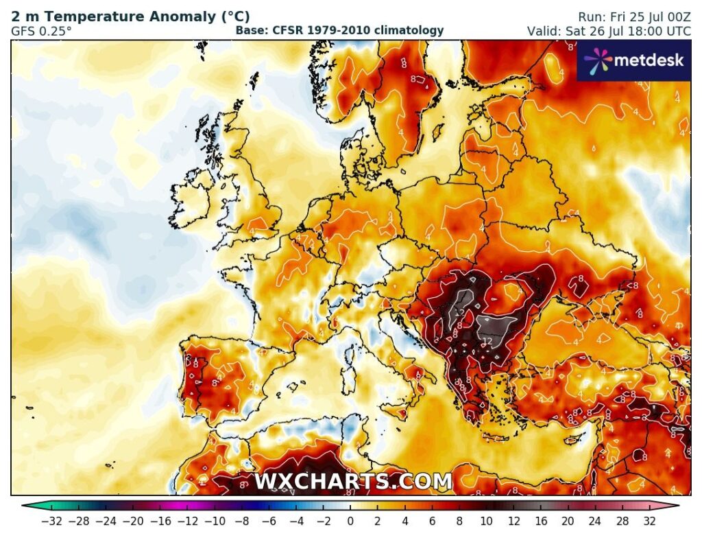 Tempestades violentas neste fim-de-semana na Europa... e recordes de calor em alguns países - tempo extremo 26-27 julho de 2025 Calor intenso em quase toda a Europa, com destaque para o Sudeste - até 12ºC acima da média