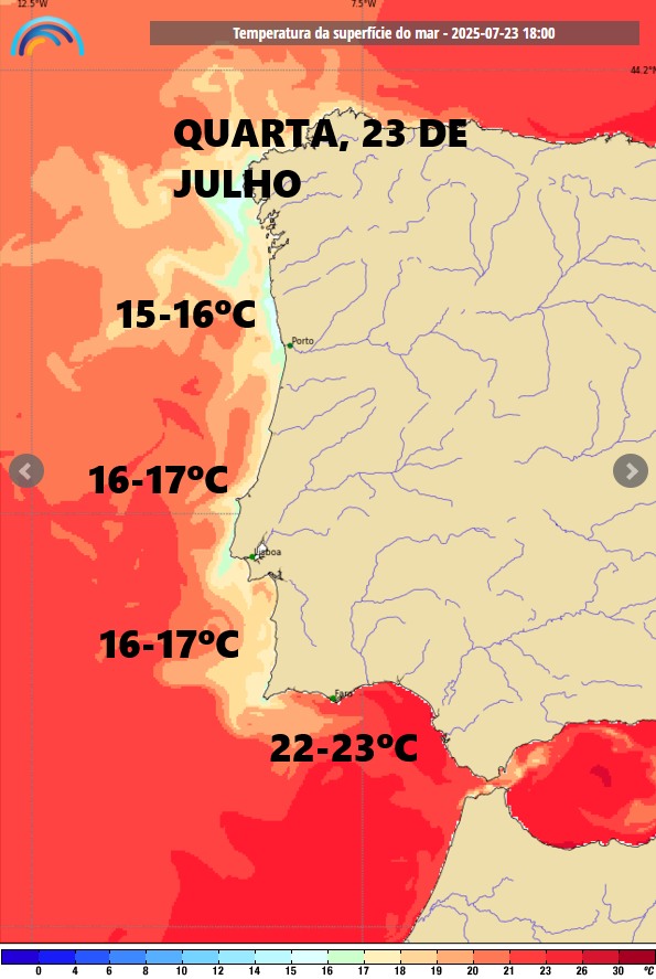 Vento forte e com rajadas, e bem mais fresco - assim deverá ser o tempo na quarta, 23 de julho de 2025 - saiba a previsão completa! Temperaturas previstas da água do mar para quarta - previsão IPMA
