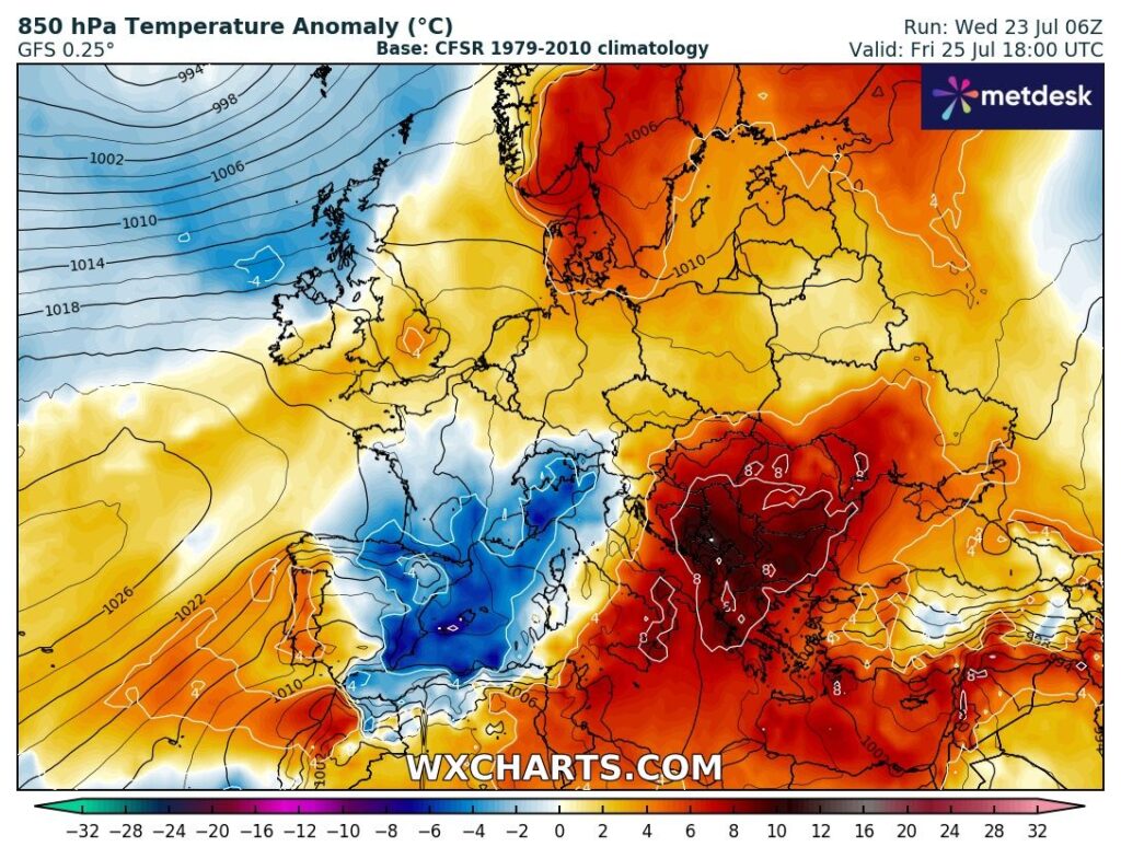Regressam as noites tropicais e a lestada com o anticiclone em aproximação - saiba a previsão do tempo na sexta, 25 de julho! Muito calor no Sudeste Europeu, e temperaturas elevadas também sobre Portugal - tempestades no Centro\Sul da Europa...