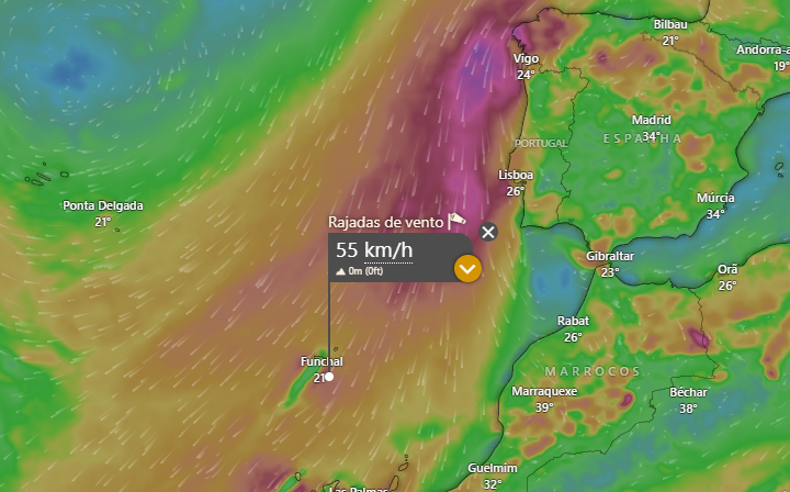 Anticiclone forte no Atlântico - será que se vão afastar os nevoeiros? Previsão do tempo na quarta, 2 de julho de 2025 Rajadas previstas pelo modelo ECMWF para esta quarta, na Madeira - previsão Windy