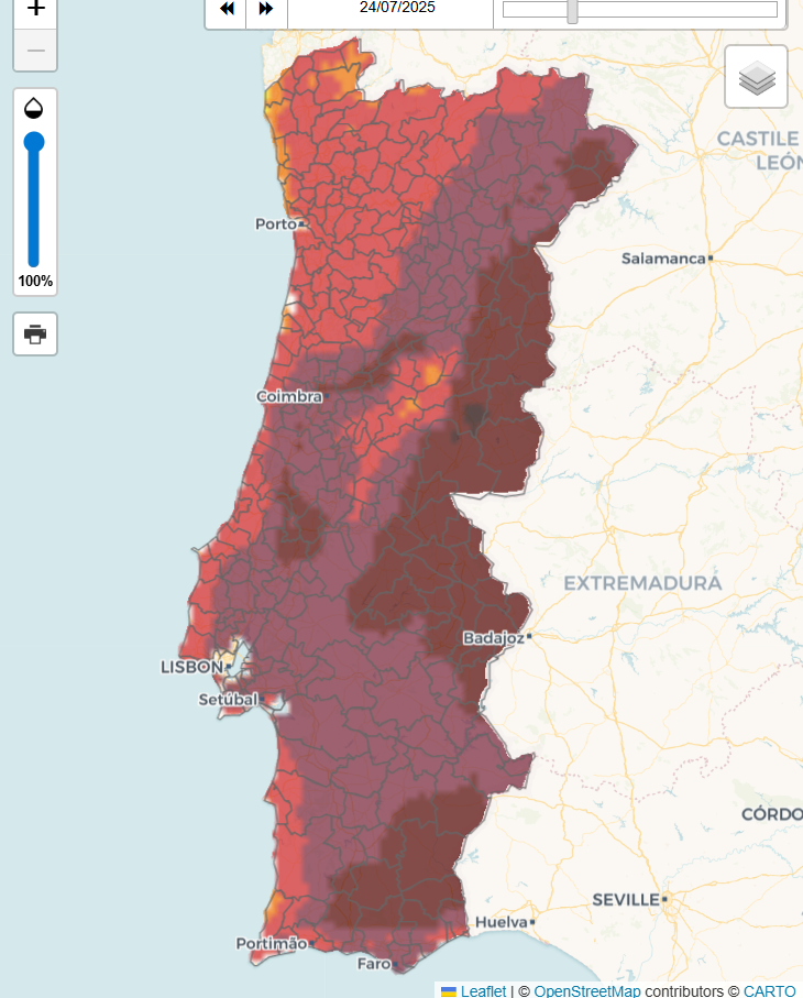 Muito vento, mais calor e risco máximo de incêndio - começa uma situação complexa... Previsão do tempo na quinta, 24 de julho de 2025 Fire Weather Index previsto pelo IPMA para quinta-feira - risco máximo de incêndio em grande parte do Interior e mais a Sul
