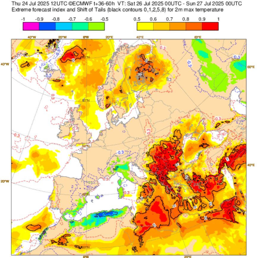 Tempestades violentas neste fim-de-semana na Europa... e recordes de calor em alguns países - tempo extremo 26-27 julho de 2025 Variados locais no Sudeste Europeu com temperaturas RECORDE nas previsões para este fim-de-semana