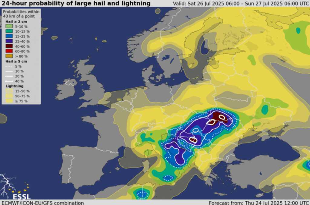 Tempestades violentas neste fim-de-semana na Europa... e recordes de calor em alguns países - tempo extremo 26-27 julho de 2025 Tempestades na Europa - Risco de trovoadas muito fortes no Sudeste da Europa entre sábado e domingo - previsões ESSL