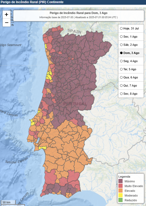 Subida acentuada da temperatura, com uma massa de ar quente extraordinária a caminho - atenção ao tempo no fim-de-semana 2-3 de agosto de 2025 Perigo de incêndio previsto para este domingo (IPMA)