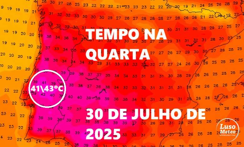 Tempo quente continua - mais um dia de temperaturas excessivamente elevadas, e risco máximo de incêndio - tempo na quarta, 30 de julho de 2025 Tempo quente continua - mais um dia de temperaturas excessivamente elevadas, e risco máximo de incêndio - tempo na quarta, 30 de julho de 2025