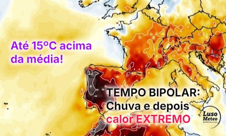 Vem aí chuva, e depois deverá chegar uma onda de calor extremo! Tempo “bipolar” em Portugal – saiba a previsão completa Vem aí chuva, e depois deverá chegar uma onda de calor extremo! Tempo "bipolar" em Portugal - saiba a previsão completa