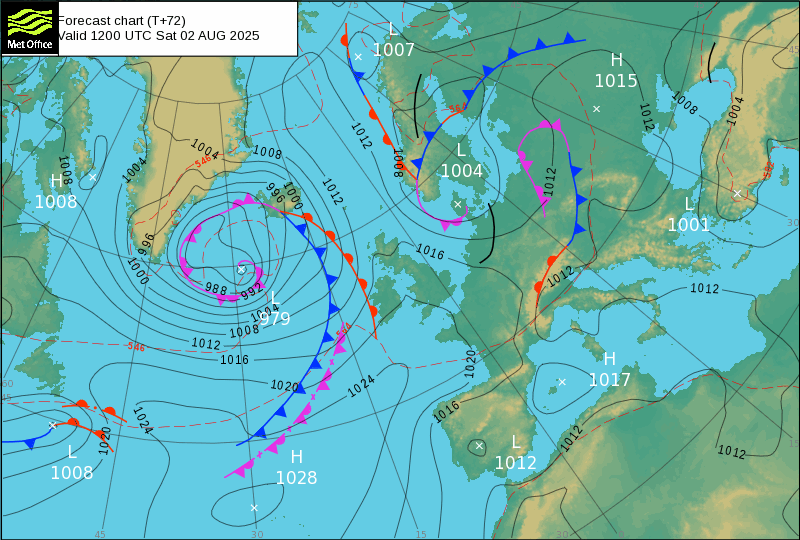 Subida acentuada da temperatura, com uma massa de ar quente extraordinária a caminho - atenção ao tempo no fim-de-semana 2-3 de agosto de 2025 Análise de superfície no sábado, 2 de agosto - MetOffice