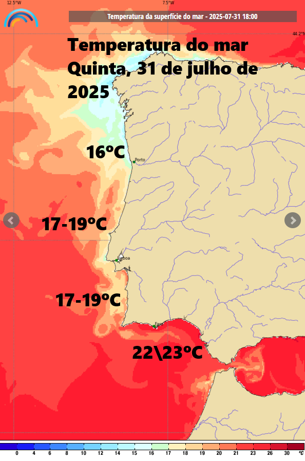Julho termina com mais do mesmo - calor intenso em (quase) todo o país - saiba todos os detalhes da previsão do tempo na quinta, 31 de julho de 2025 Temperatura da água do mar prevista para quinta, 31 de julho de 2025