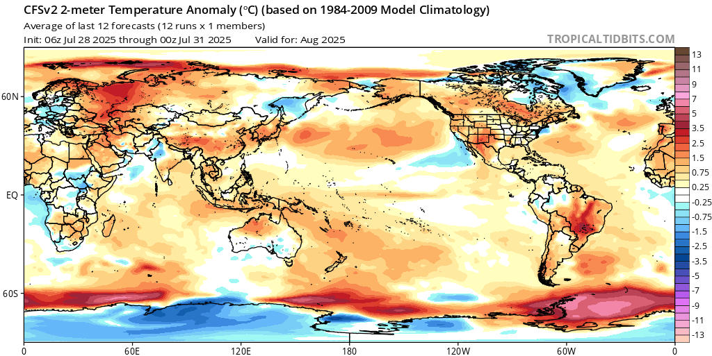 Tempo em Agosto de 2025 - Más notícias para quem sofre com o calor, e para os bombeiros - atmosfera complexa... saiba a previsão completa! Anomalia de temperaturas a nível global - previsão CFS