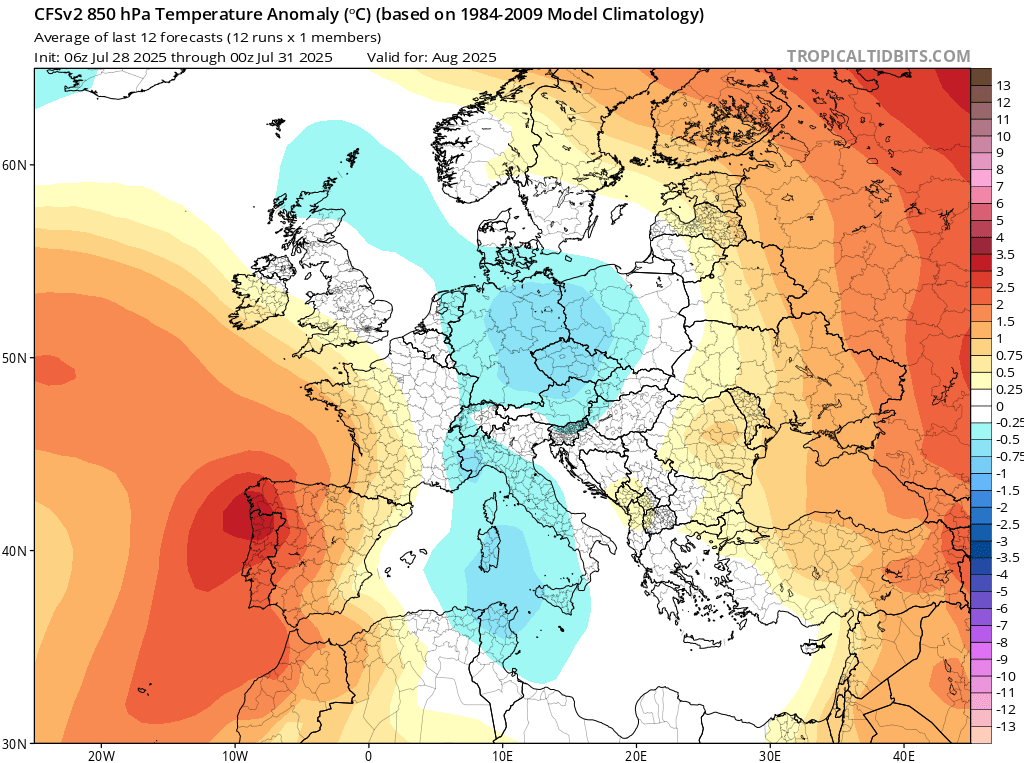 Tempo em Agosto de 2025 - Más notícias para quem sofre com o calor, e para os bombeiros - atmosfera complexa... saiba a previsão completa! Tempo em Agosto de 2025 - Anomalia da temperatura a 850hPA superior a 3ºC - um mês muito quente...