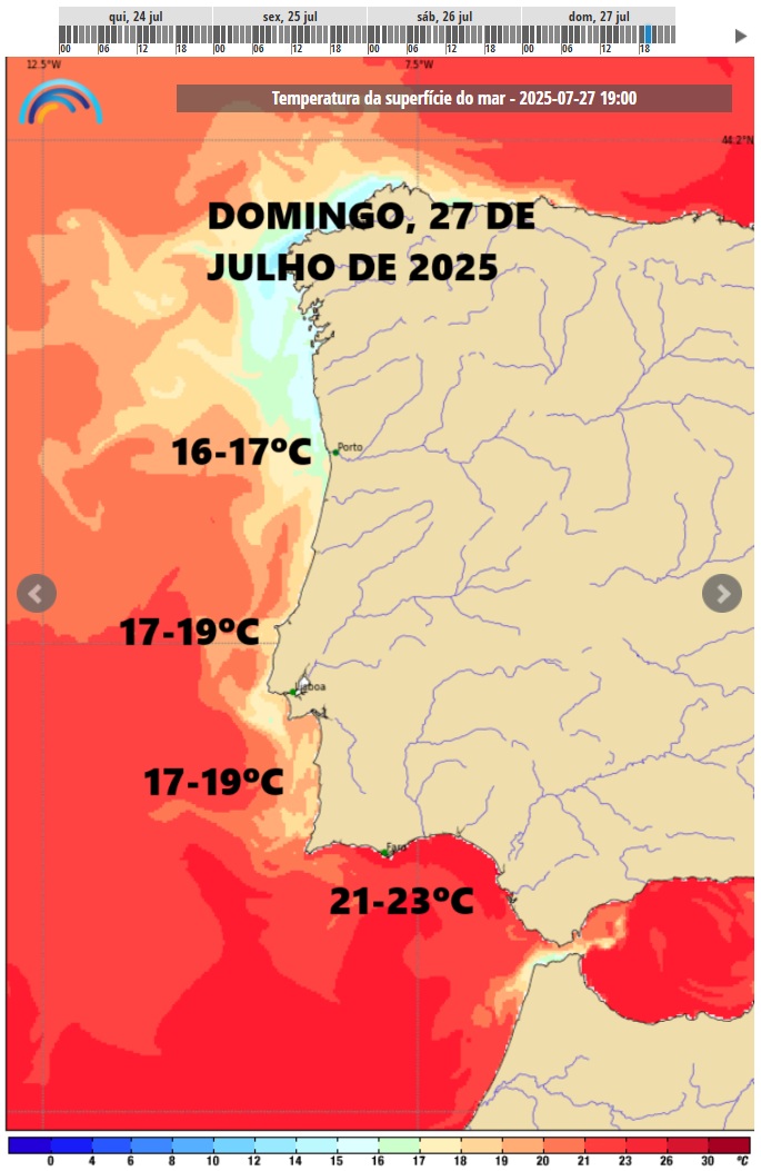 Fim-de-semana com calor abrasador! Saiba as temperaturas para a sua região, e as condições nas praias! Tempo no fim-de-semana 26-27 de julho 2025 Temperatura da água do mar prevista para domingo, 27 de julho de 2025