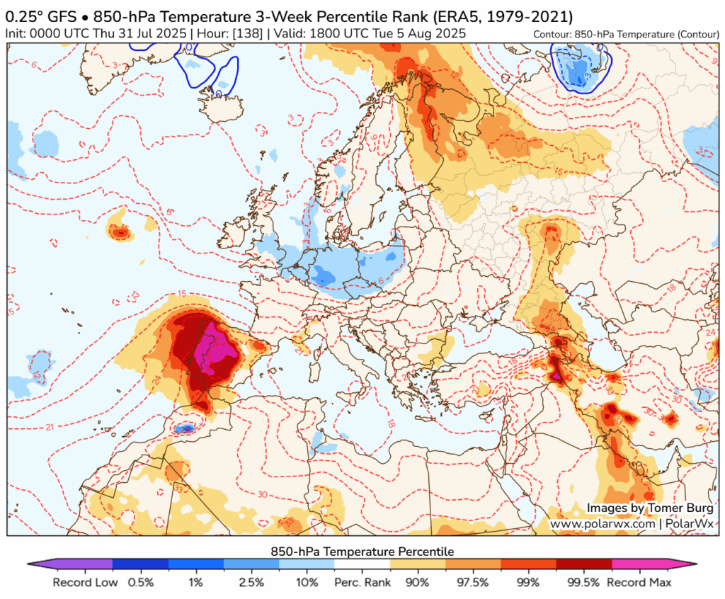 Subida acentuada da temperatura, com uma massa de ar quente extraordinária a caminho - atenção ao tempo no fim-de-semana 2-3 de agosto de 2025 Massa de ar quente extraordinária\recorde por volta de dias 4\5 de agosto...