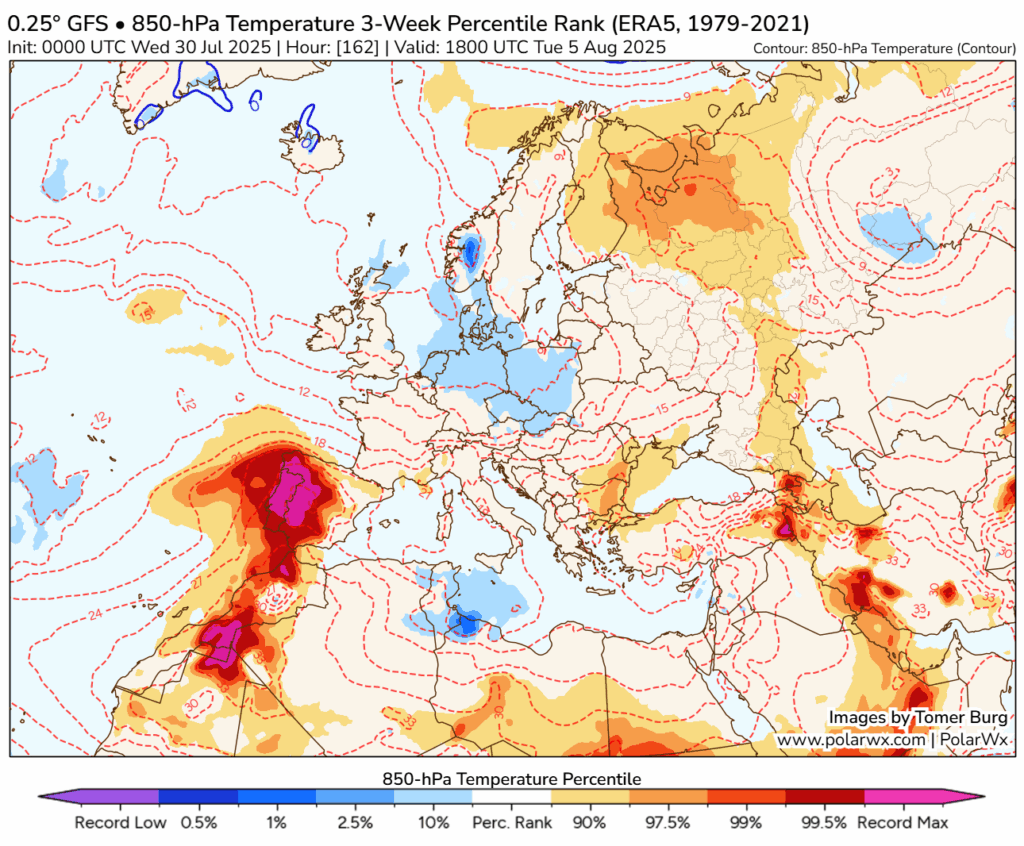 Onda de calor vai ganhar MUITA força e as temperaturas devem ultrapassar 45 graus na primeira semana de Agosto - saiba as previsões atualizadas para a sua região Onda de calor - As temperaturas a 850hPA (cerca de 1500m) podem ser RECORDE para a época do ano por volta de 4-5 de agosto