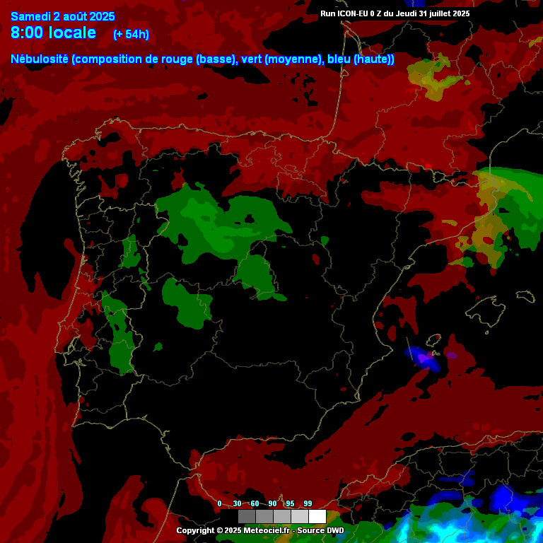 Subida acentuada da temperatura, com uma massa de ar quente extraordinária a caminho - atenção ao tempo no fim-de-semana 2-3 de agosto de 2025 Neblinas matinais no litoral Ocidental neste sábado (assinalado a vermelho nesta previsão)